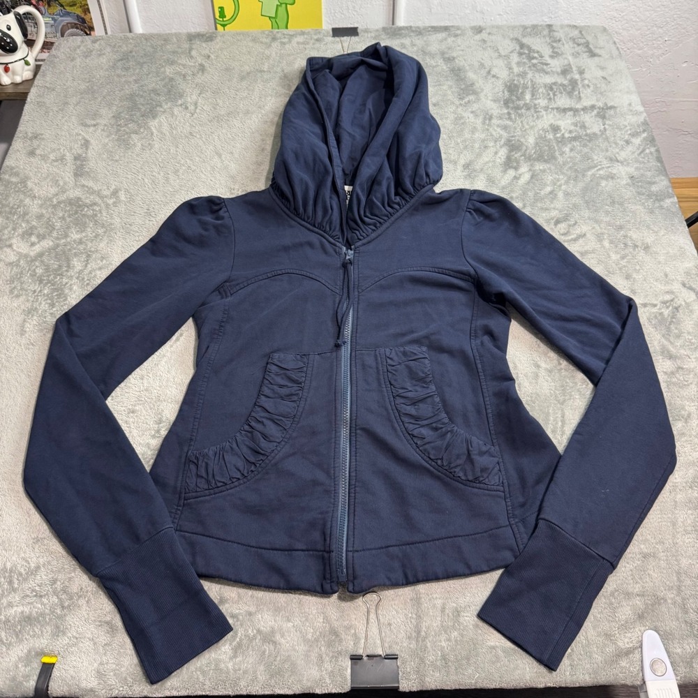 Prairie Underground Navy Organic Cotton Ruched Victorian Zip Up Hoodie Medium